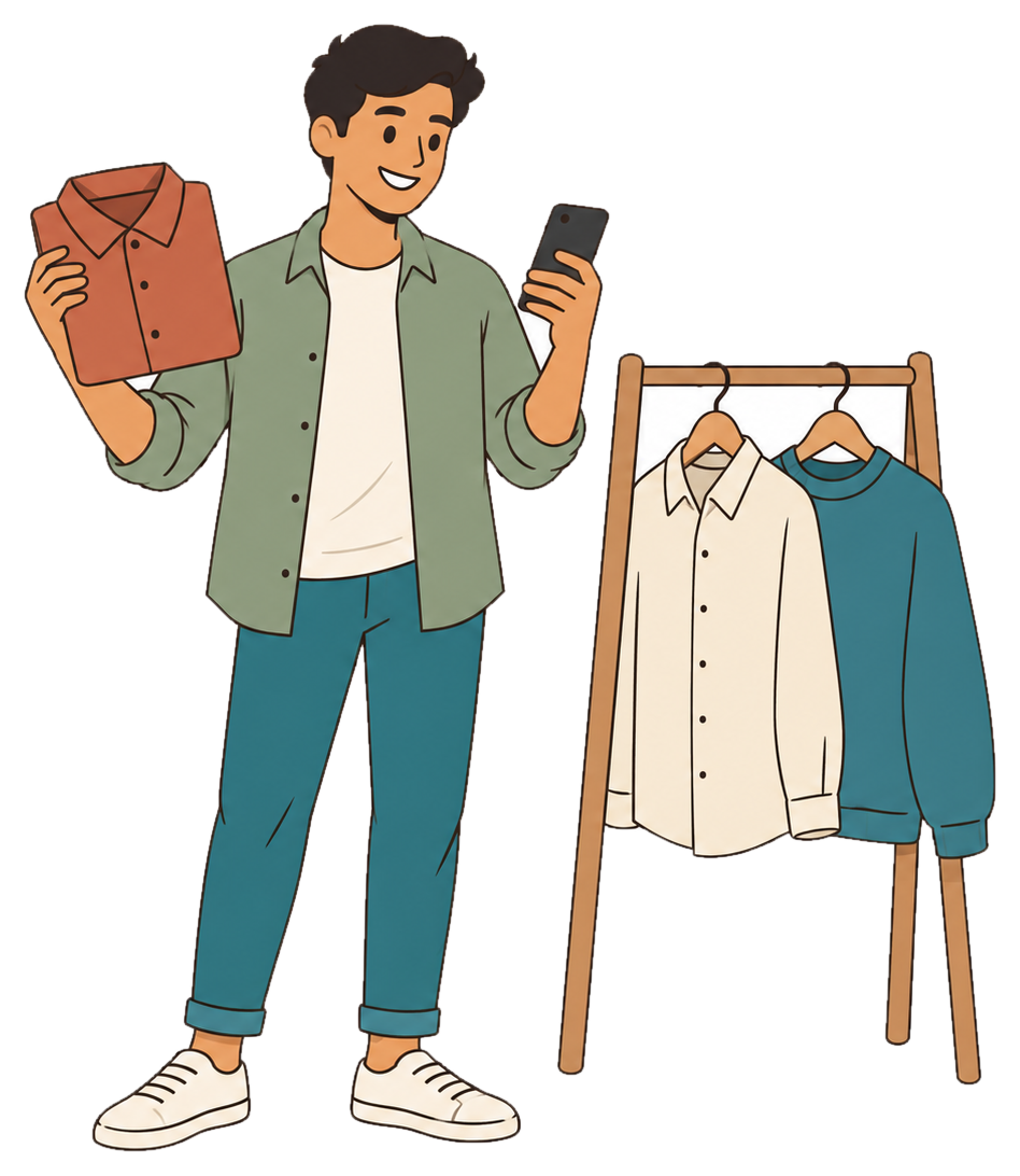 A smiling man holding a folded terracotta shirt in one hand and his phone in the other, beside a rail of clothes.