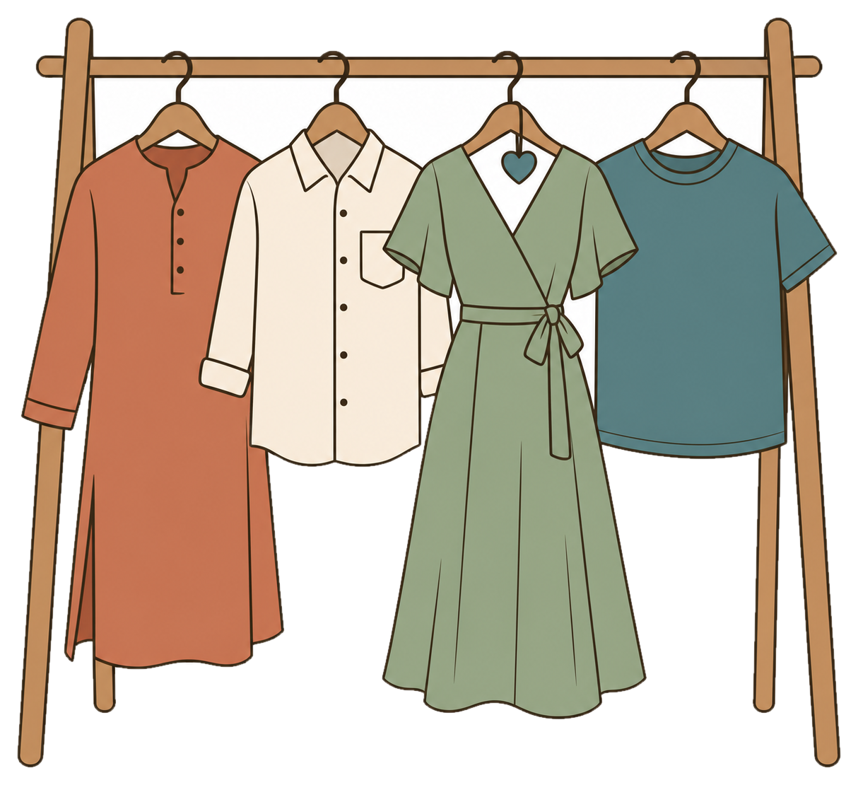 A rail of four garments with a small teal heart hanging from the one in the middle.