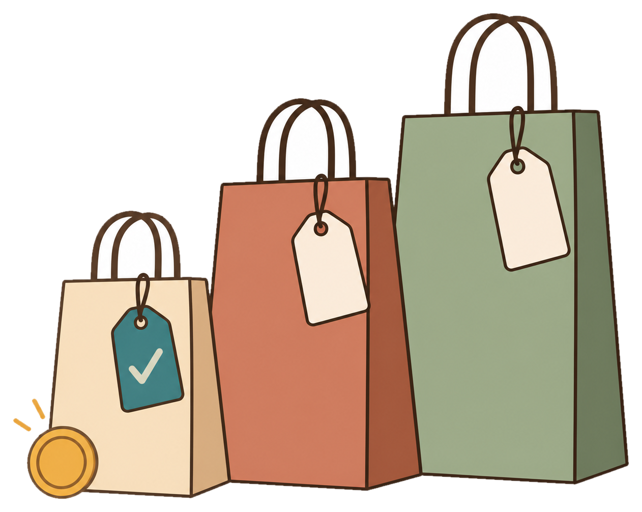 Three shopping bags of different sizes; the smallest has a teal tag with a tick.