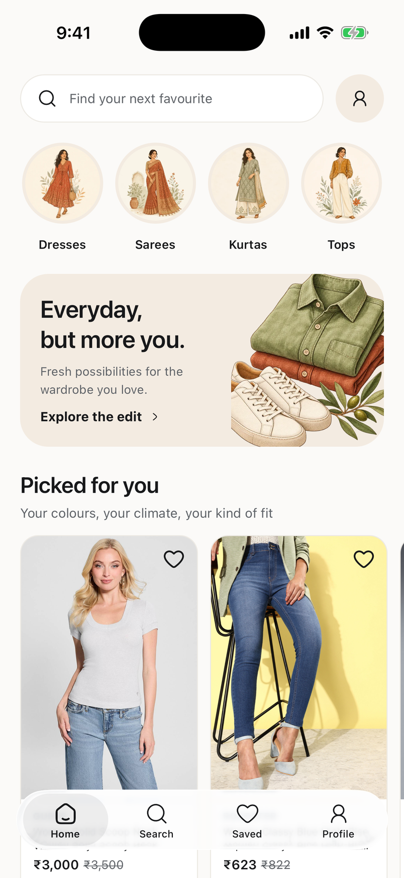 Venn home feed with category tiles, an everyday edit and clothes picked for the user.