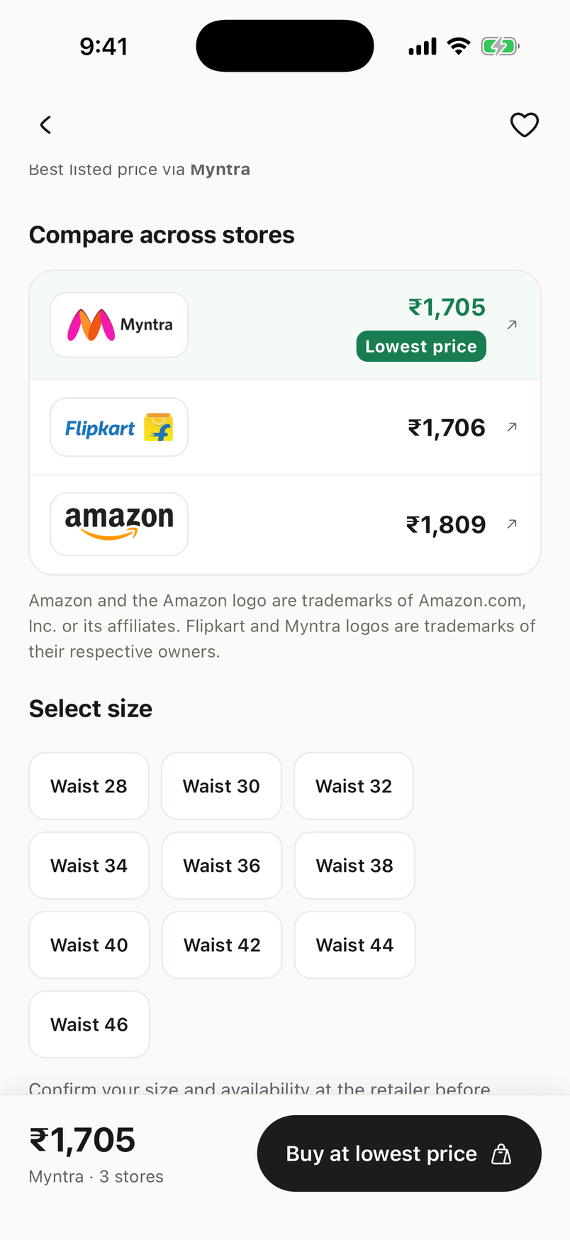 Venn product page comparing the same kurta set on Myntra and Flipkart with the lowest price marked.