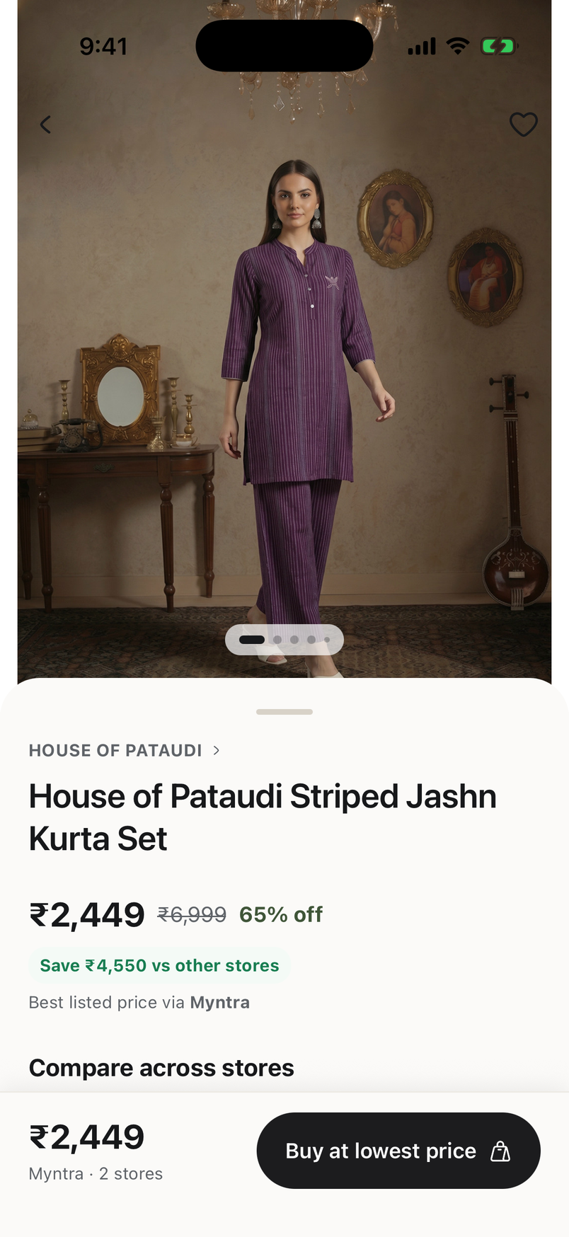 Venn product page for a kurta set showing the lowest price, the saving in rupees and the store it comes from.