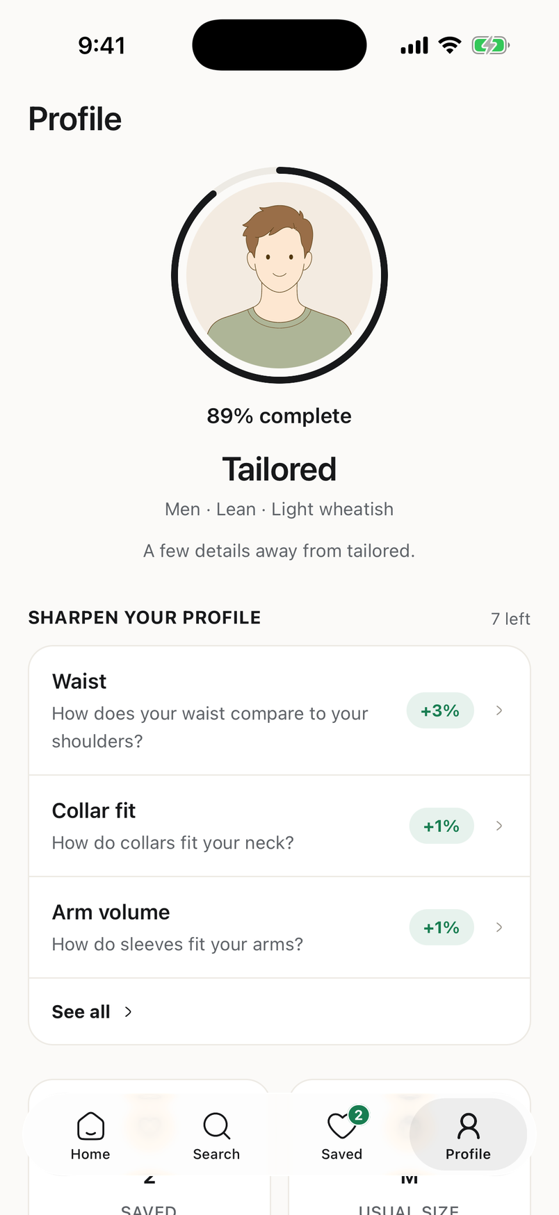 Venn profile screen with the user's fit profile and completion ring.
