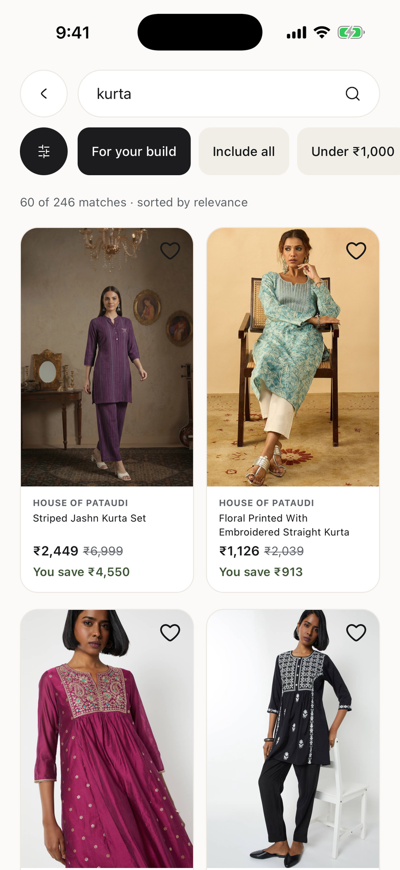 Venn search results for kurtas, each card showing the price and how much you save.